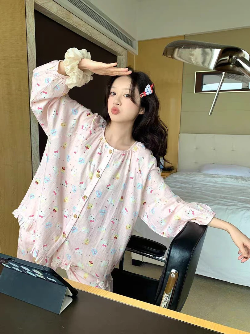 2025新款长袖长裤秋季圆领睡衣家居服套装薄款卡通印花家居服套装