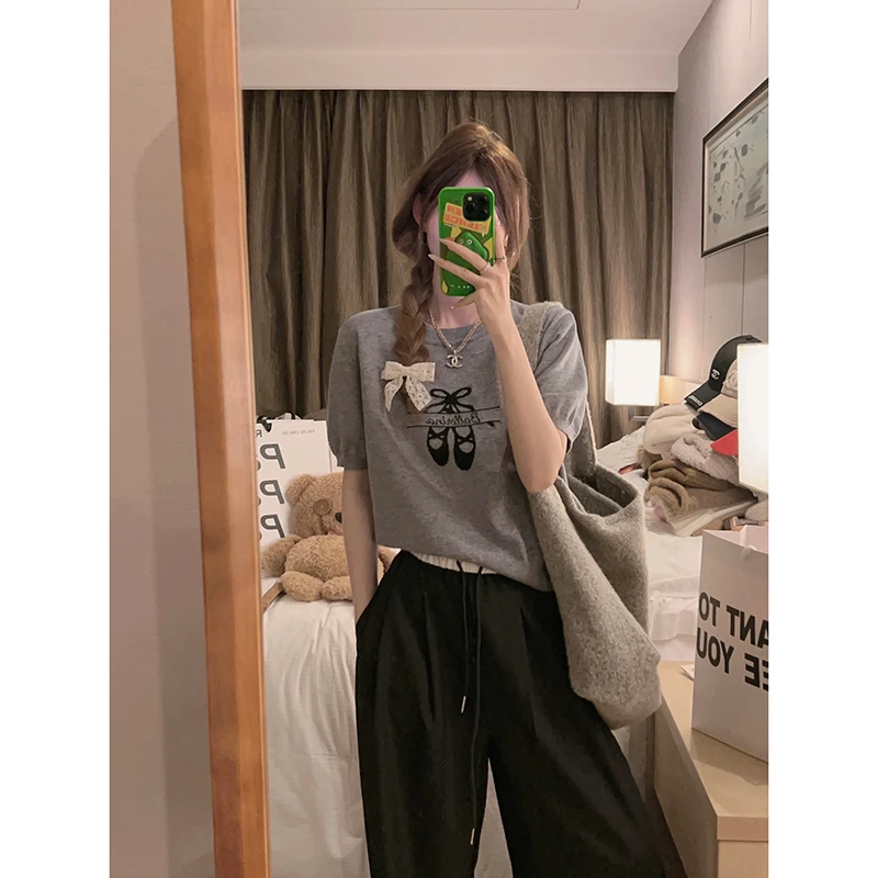 Yukiss直播【欧尼针织短袖蝴蝶结薄款上衣】蝴蝶结针织短袖A4099