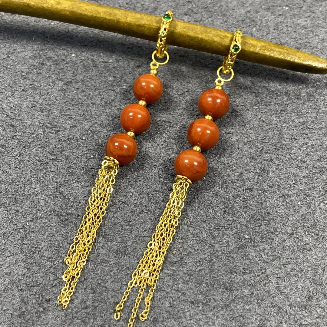 【亿轩珠宝】JN南红圆珠耳饰diy流苏8mm+
