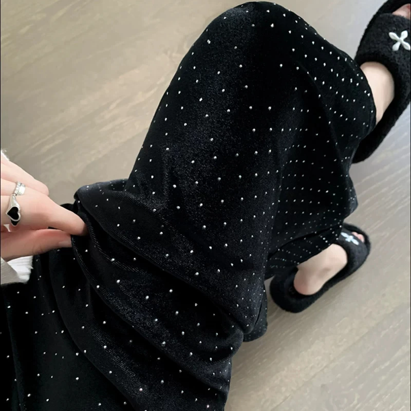 清仓捡漏孕妇裤子秋冬款加绒加厚烫钻阔腿裤黑色金丝绒直筒拖地裤