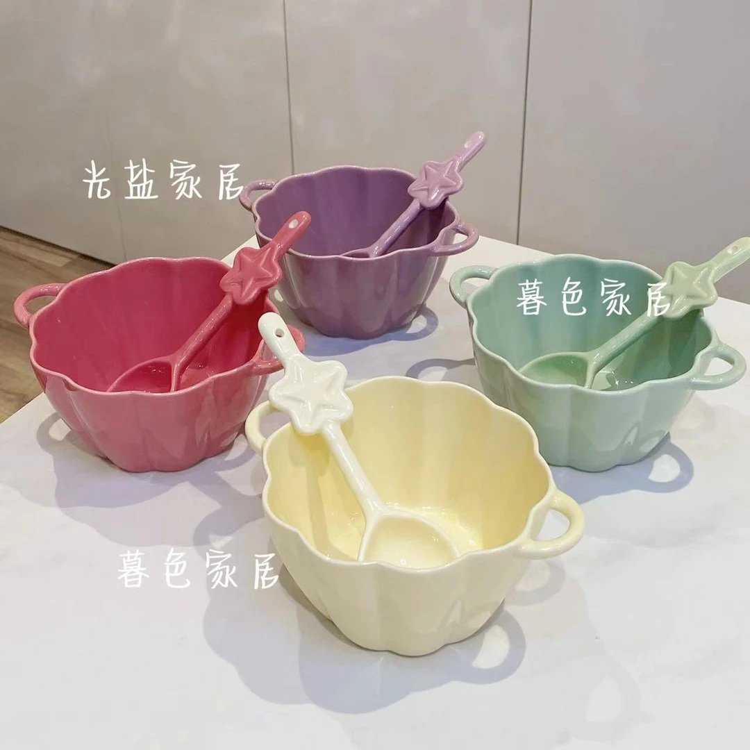 【小南瓜+星星勺】奶油风甜品碗少女心汤碗勺陶瓷餐具家用釉下彩