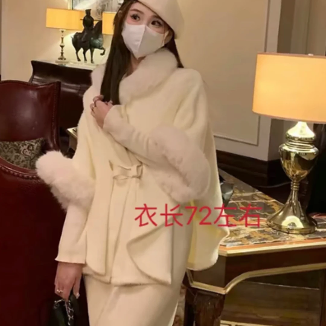 归国千金白毛毛斗篷防貂绒大衣系带收腰皮带冬季温柔外套