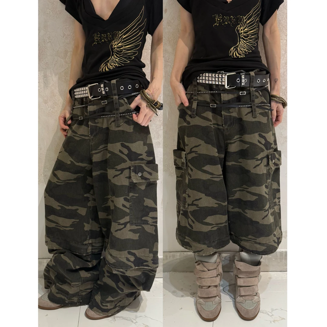 Fearless”满满*美式复古水洗宽松直筒可拆卸迷彩裤