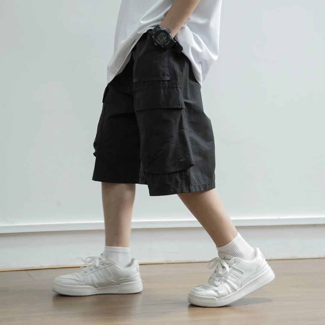 【卡七】男童黑色工装裤港风大童纯色薄款宽松中裤