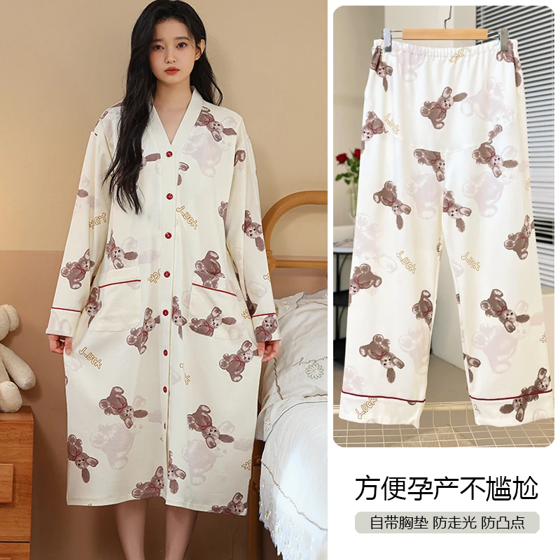 【带胸垫-春秋季孕产裙】孕妇睡裙产检裙产妇喂奶大码哺乳长款外穿