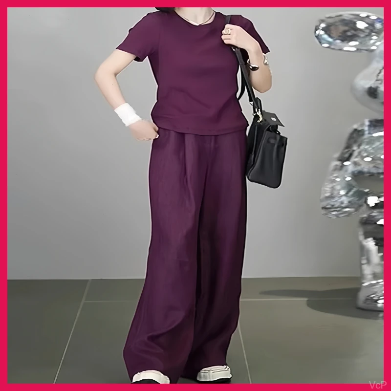 韩版高级感休闲阔腿裤气质百搭洋气网红宽松显瘦短袖T恤两件套女