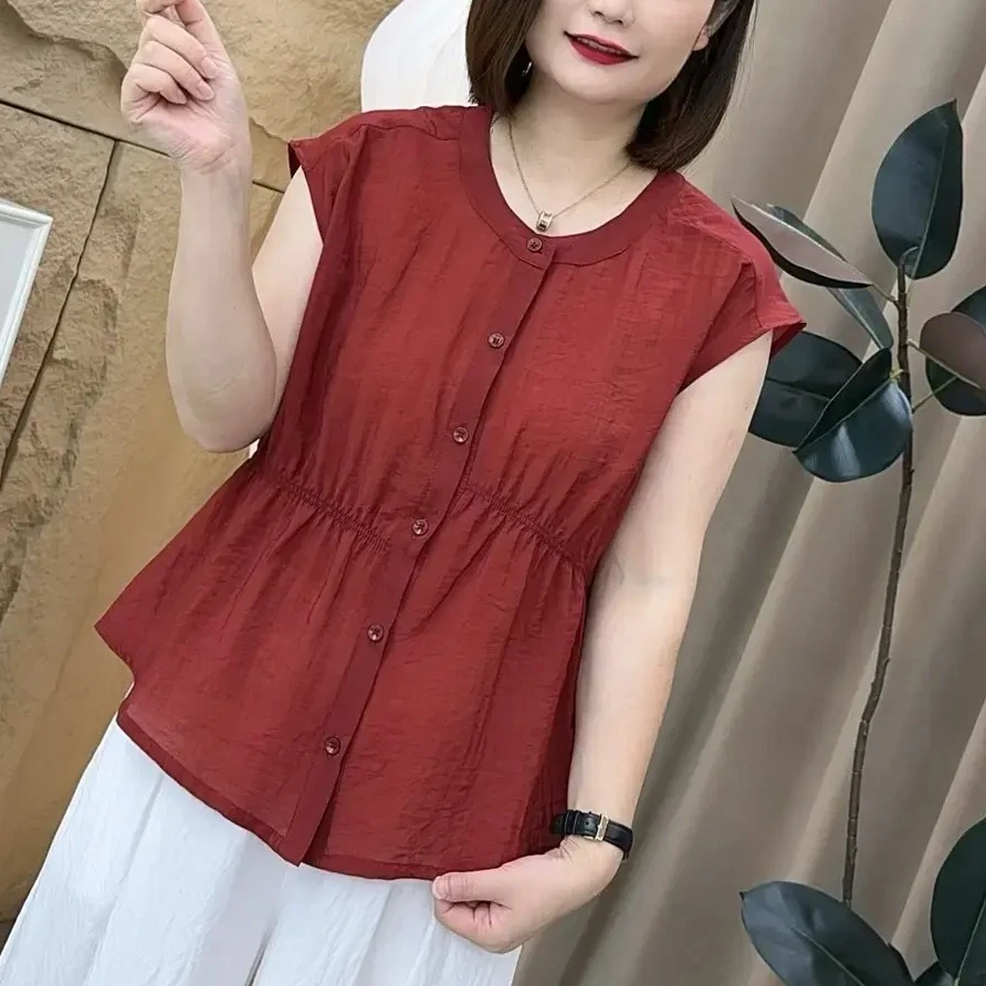 夏季新款休闲时尚圆领纯色洋气百搭宽松显瘦薄款凉快女士短袖衬衫