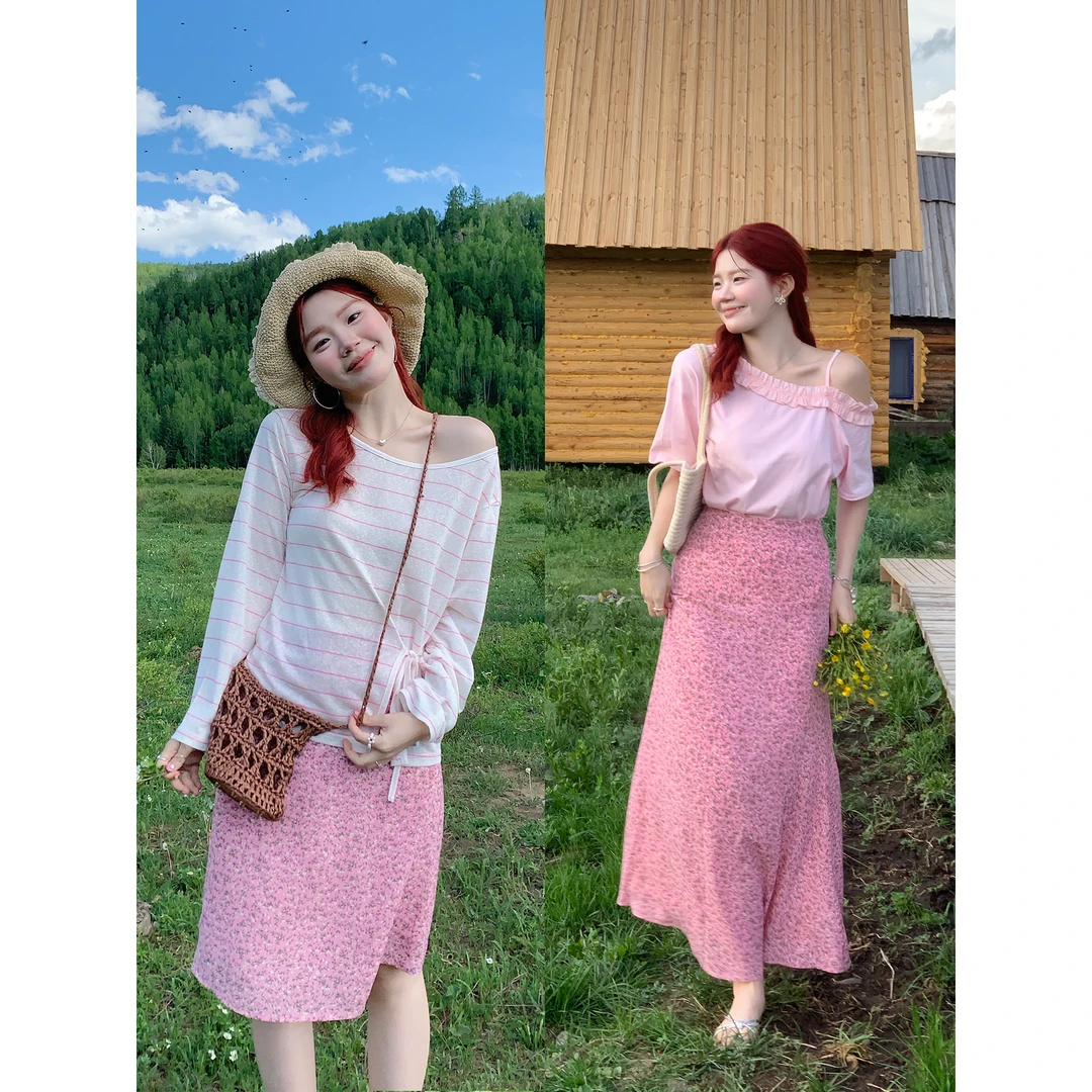 火火【粉色茉莉】韩系粉色碎花长短款半身裙B34842HH52+B34743HH52