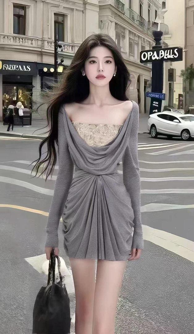 轻奢气质名媛纯欲辣妹风灰色别致设计感荡领长袖收腰包臀连衣裙女