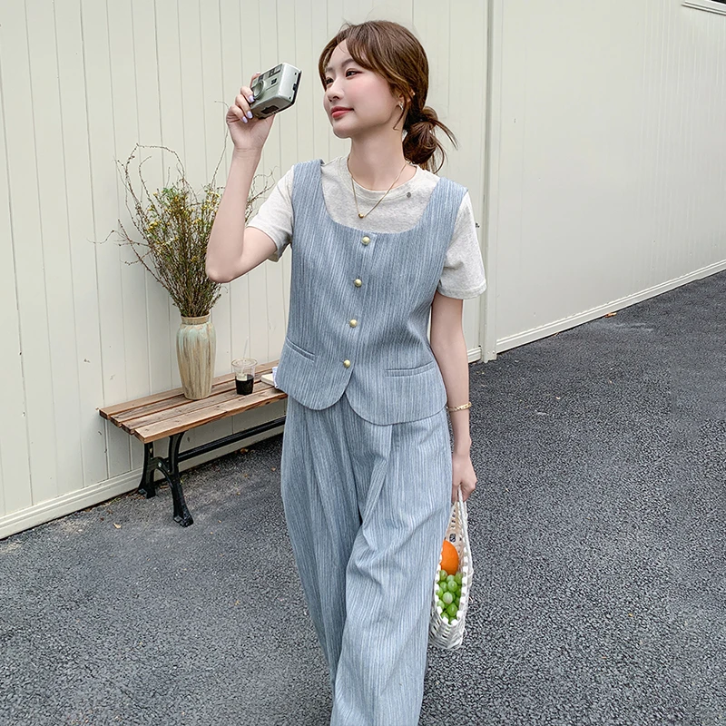 韩系穿搭大方得体气质温柔风马甲套装女夏季新款T恤阔腿裤三件套