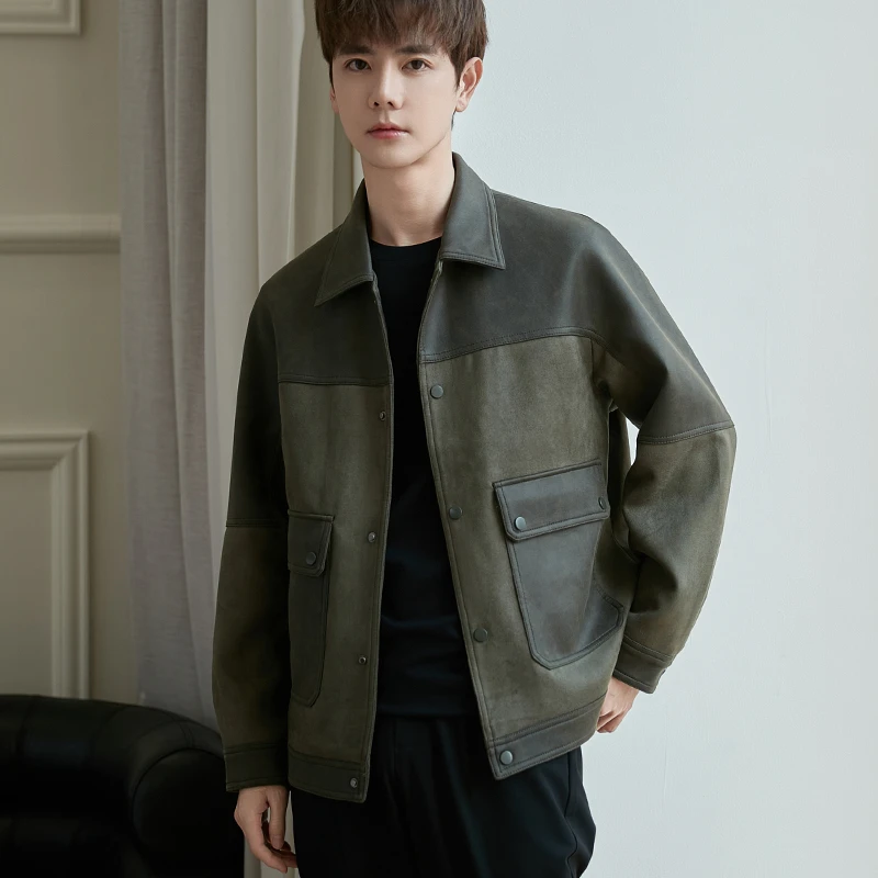 pu皮拼接仿麂皮绒夹克外套男士翻领春秋25新款韩版抗皱上衣