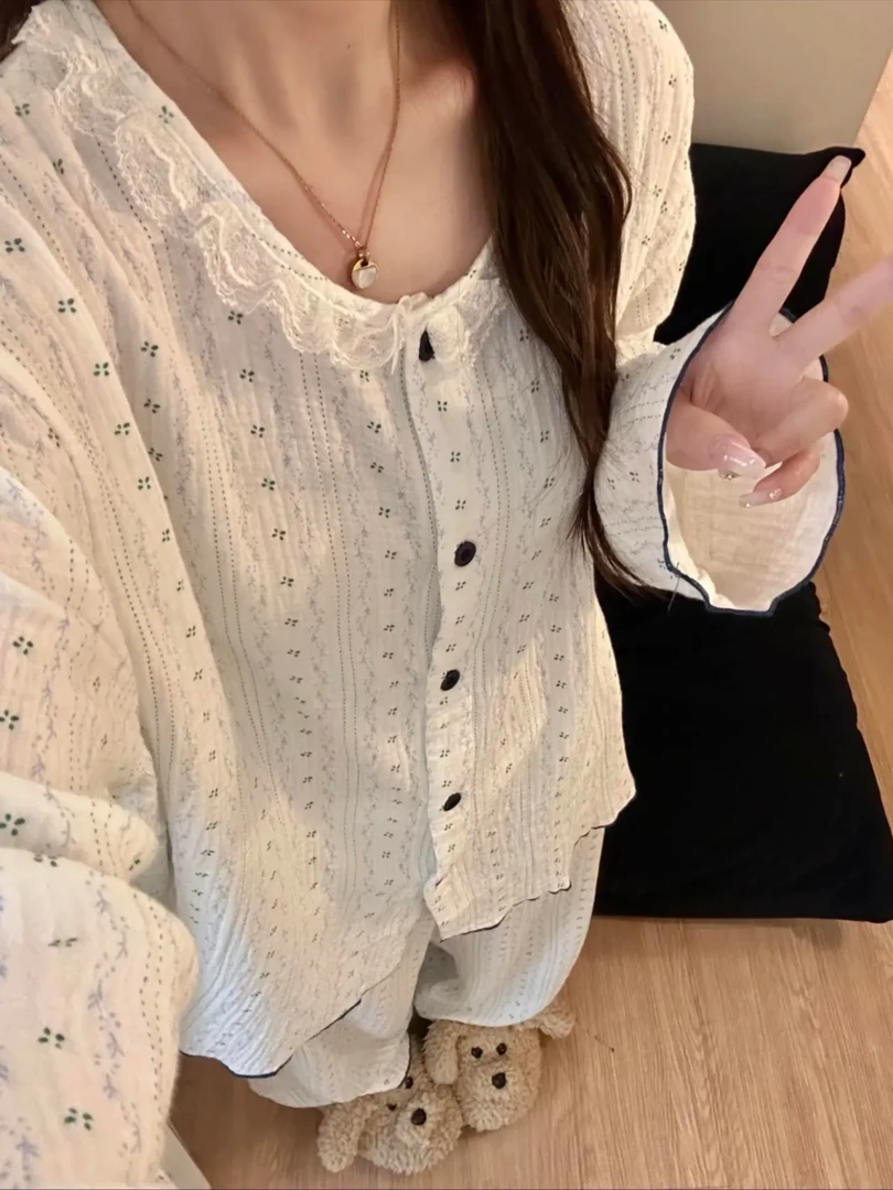 韩系ins条纹碎花睡衣女春秋季可爱少女长袖春夏家居服套装可外穿