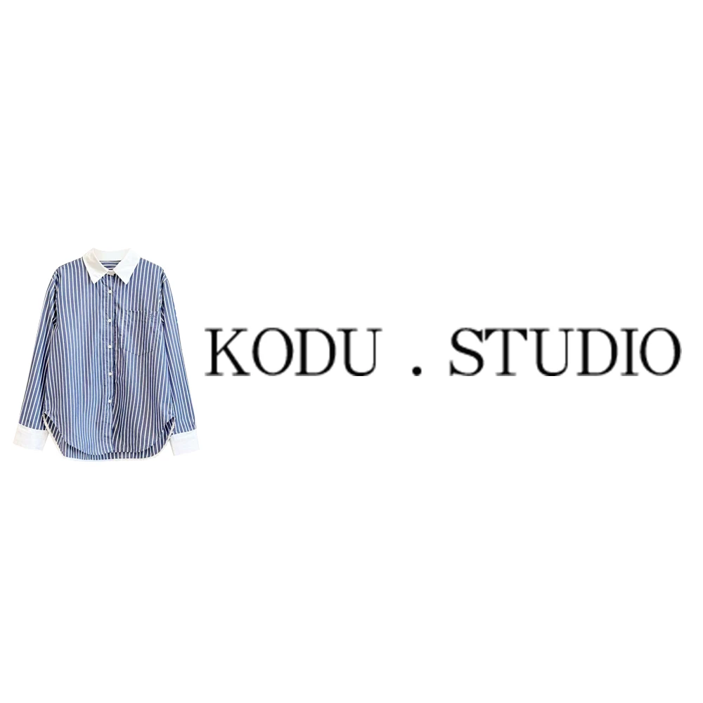 QI【刻度KODU】RUN-5722秋经典气质百搭翻领蓝白条纹刺绣长袖衬衫