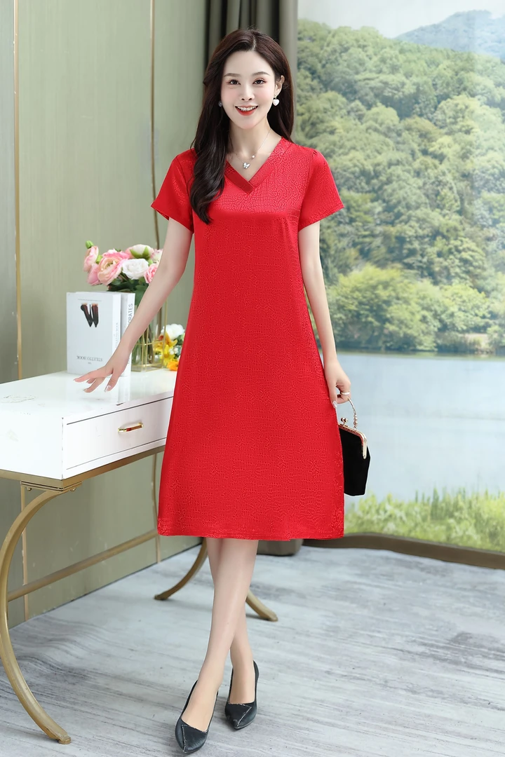 夏季时尚洋气显瘦显瘦遮肚过膝宽松气质中长款纯色妈妈装连衣裙