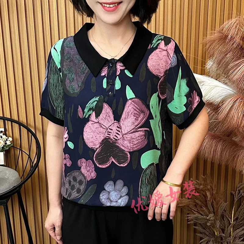 妈妈装夏季薄款减龄印花翻领宽松显瘦遮肚百搭中老年女装短袖上衣