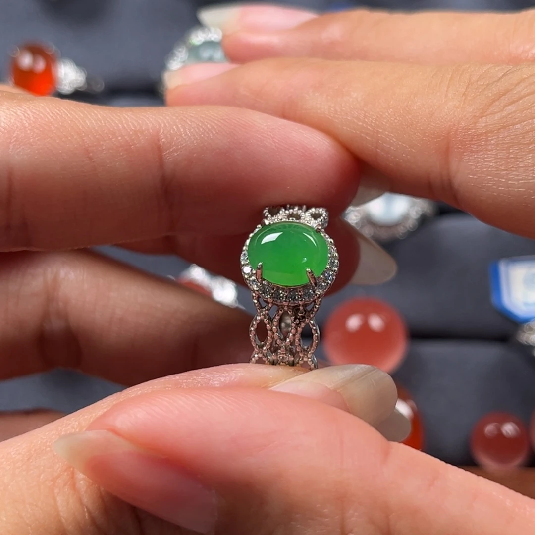 翡翠银S925镶嵌戒指缅甸天然翡翠Ａ货