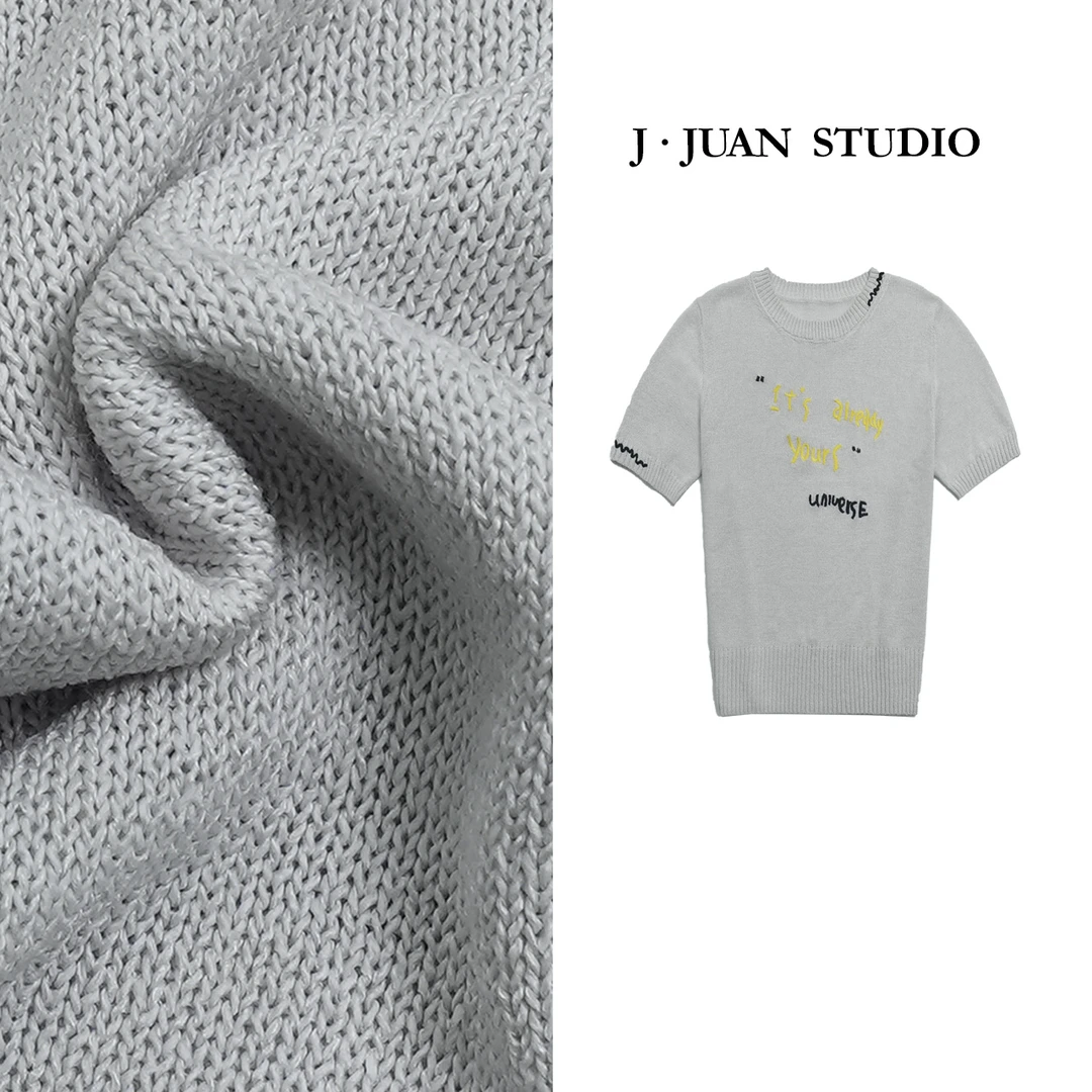 【J.Juan】涂鸦-夏季进口和纸纱宽松短袖针织衫高个子女装绣花毛衫