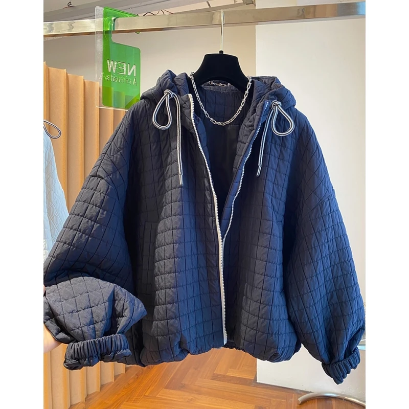 初冬超好看连帽菱格夹棉外套女2025新款韩系洋气宽松轻薄棉衣棉服