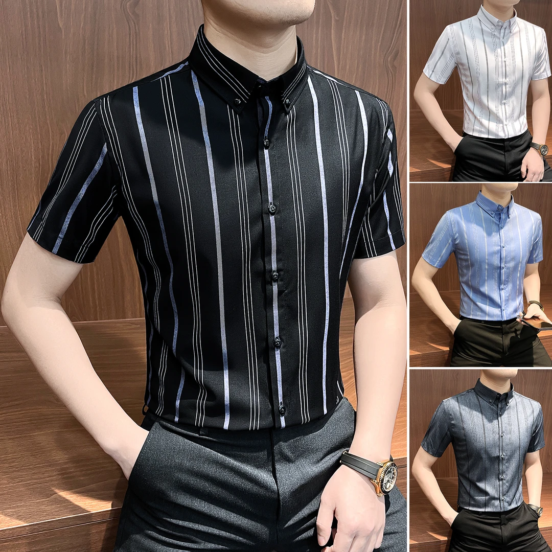 竖条纹男士短袖衬衫夏季商务休闲高级感男装大码撞色修身男款衬衣