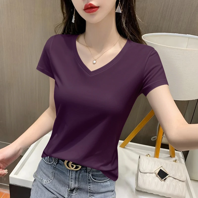 新款白色V领宽松短袖T恤女莫代尔正肩设计冰丝纯色T恤夏季打底衫