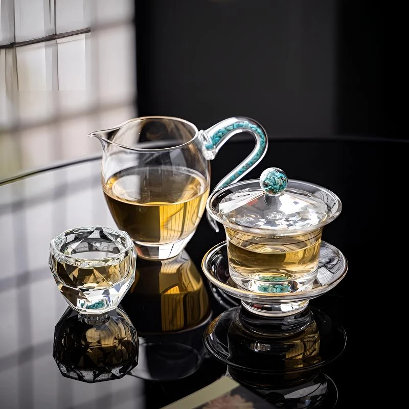 新款绿松石水晶玻璃轻奢盖碗茶杯高档三才盖碗居家高硼硅玻璃盖碗