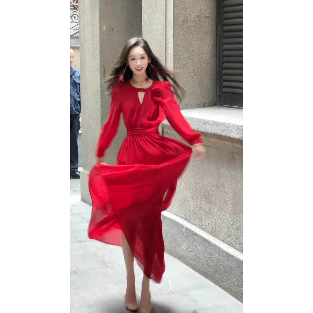 JCC【玫瑰枳影】轻奢高级感红色连衣裙女小众长裙飘逸裙子长款