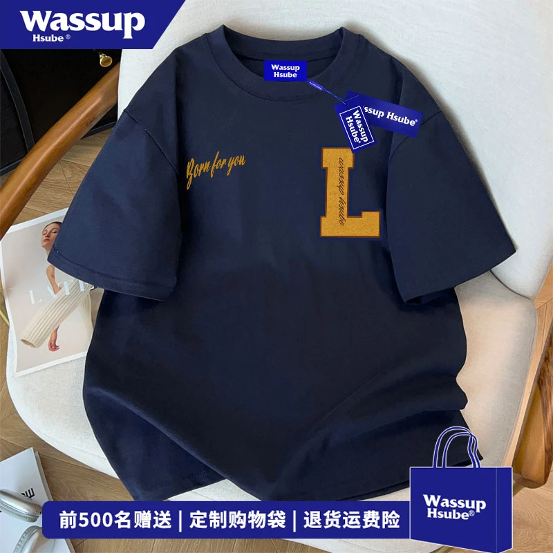 WASSUP HSUBE 欧美式数字印花藏青色T恤夏季男女同款正肩短袖上衣