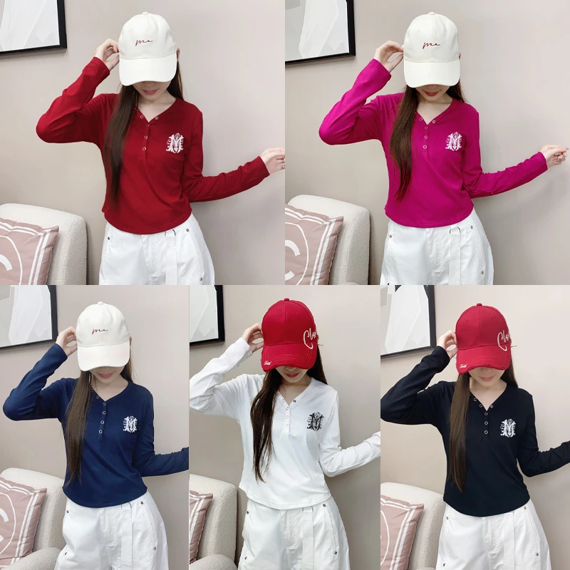 纤伽【秋/新品】广场舞上装秋季V领弹力棉修身T桖半扣长袖百搭上