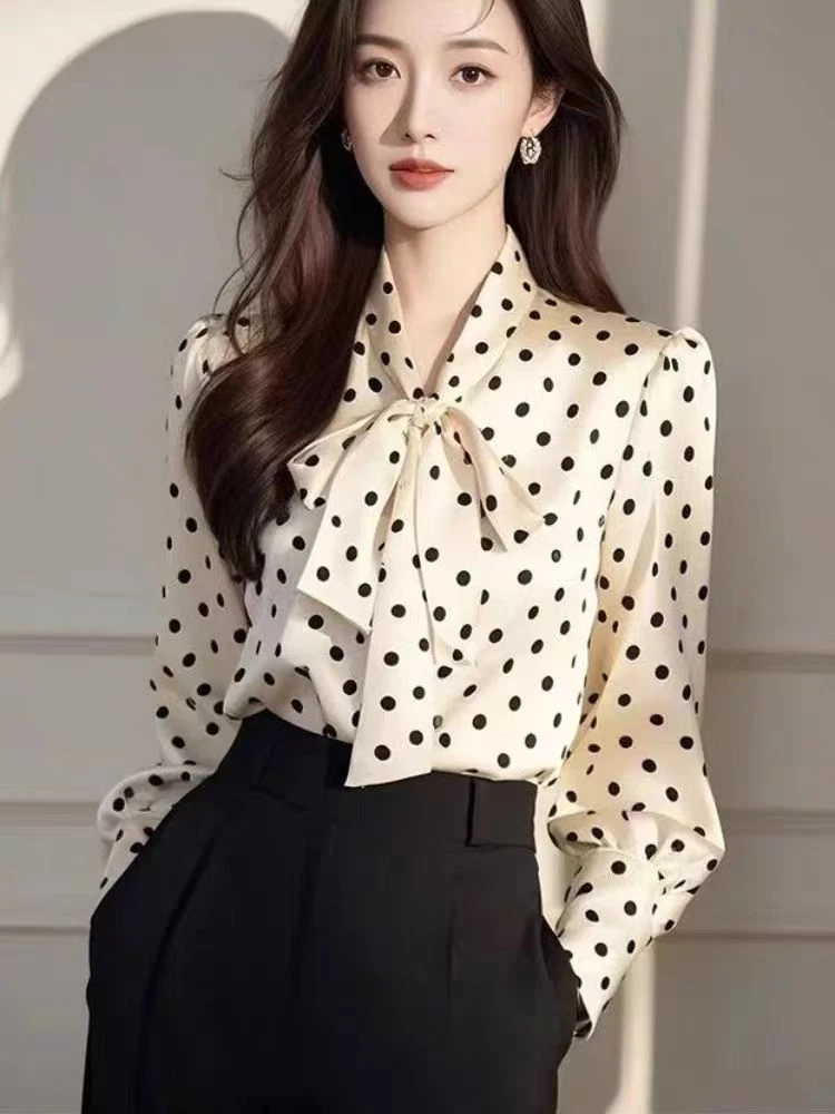 法式风飘带波点雪纺衬衫女款春季高级感通勤女士衬衣别致漂亮上衣
