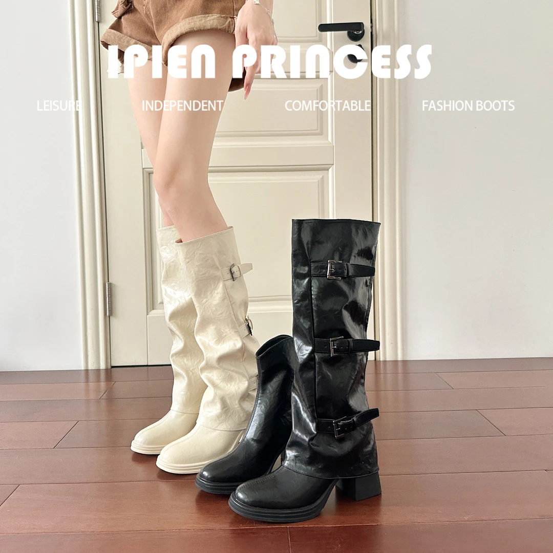 两穿厚底高筒长靴子女2025秋冬新款西部牛仔裤管堆堆靴骑士靴女鞋