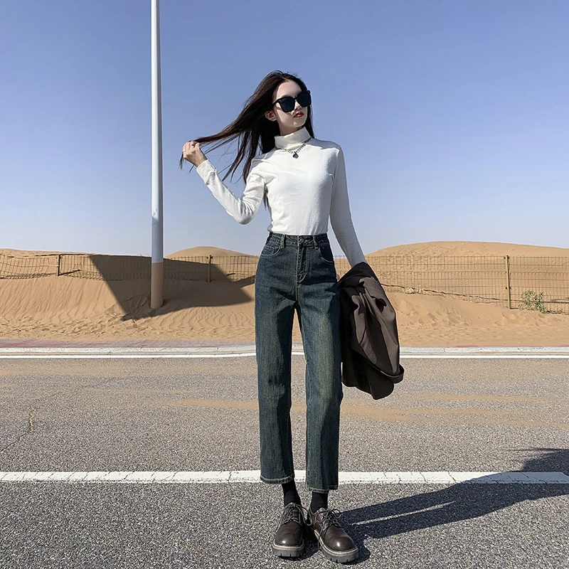 牛仔裤女2025新款高腰加绒烟管裤直筒爆款流光风九分显瘦法棍裤子