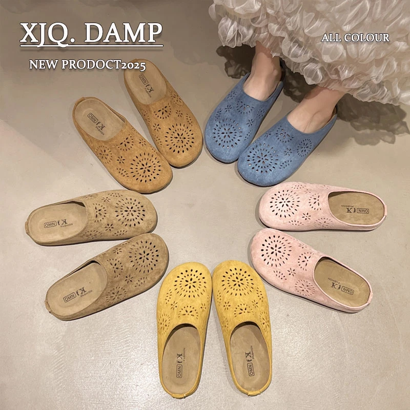 包头半拖鞋女春夏外穿2025新款一脚蹬镂空洞洞勃肯鞋复古爆款凉拖