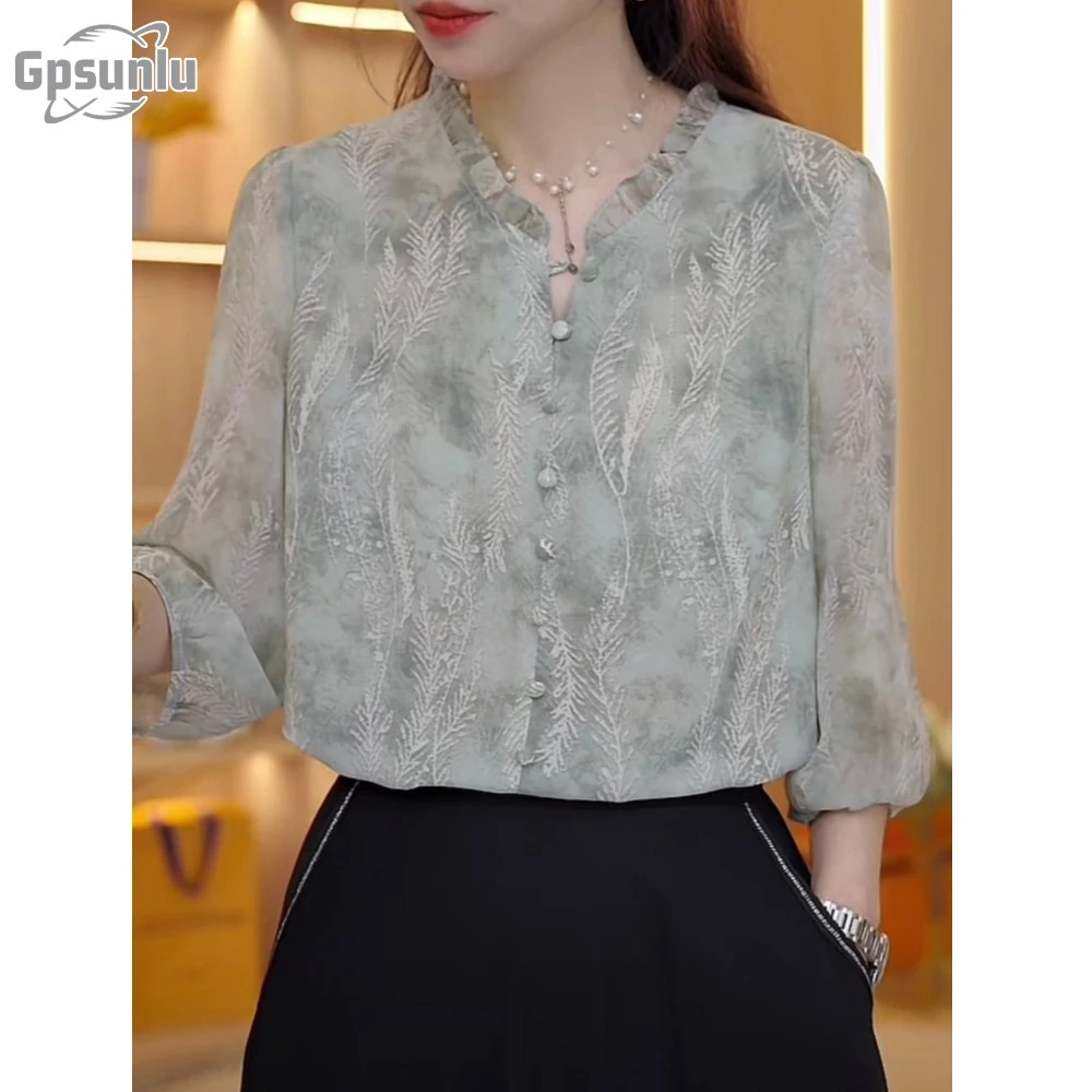 gpsunlu时尚洋气质百搭显瘦小衫夏季新款减龄七分袖碎花雪纺衬衫