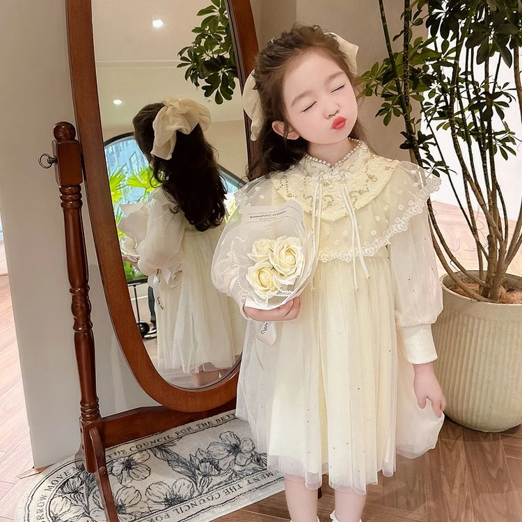 女小童盘扣连衣裙春装2025新款洋气中国风女宝宝春秋网纱公主裙子