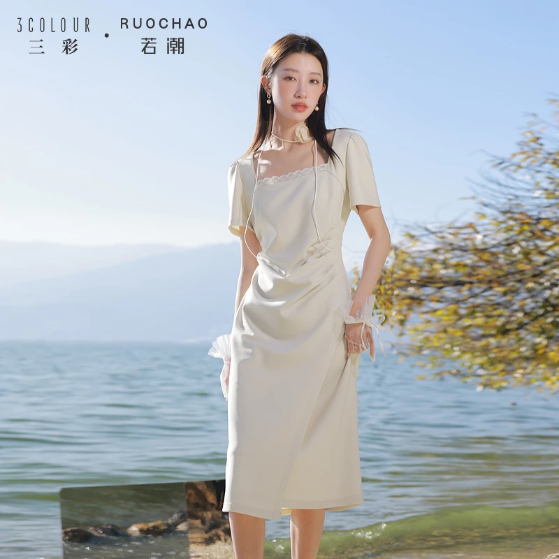 1375三彩大码女装2025夏季新款法式复古蕾丝方领连衣裙褶皱收dbc