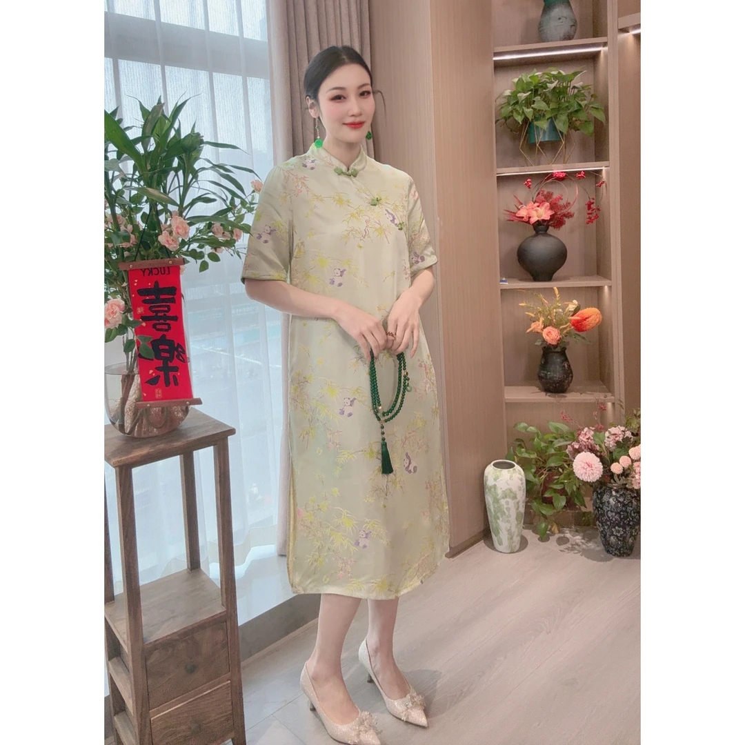 【竹语】2025新款夏季气质新中式国风裙子立领提花女装七分袖连衣裙