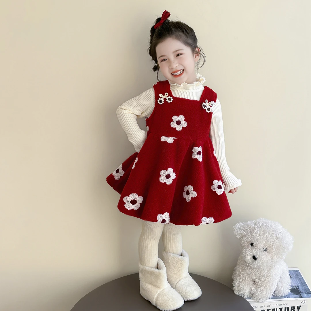 女童甜美套装冬季2025新款儿童时尚女宝宝洋气花朵加绒裙两件套潮