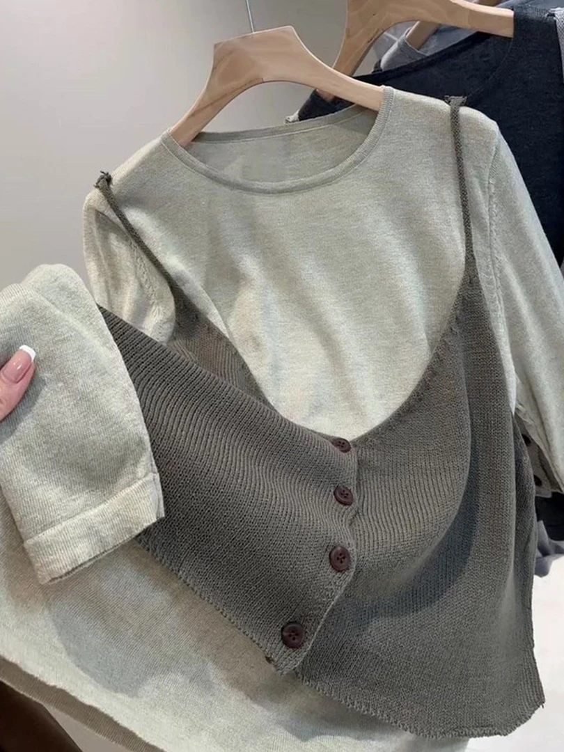 2025年早秋独特漂亮慵懒风上衣叠穿针织背心韩系chic别致两件套装