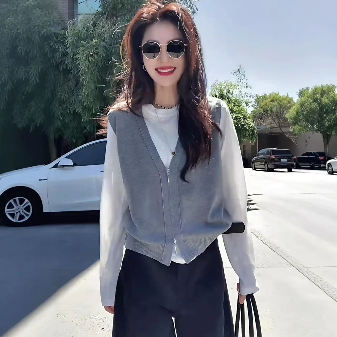 韩系高级穿搭小众通勤针织衫女早秋新款针织马甲打底衫真两件上衣