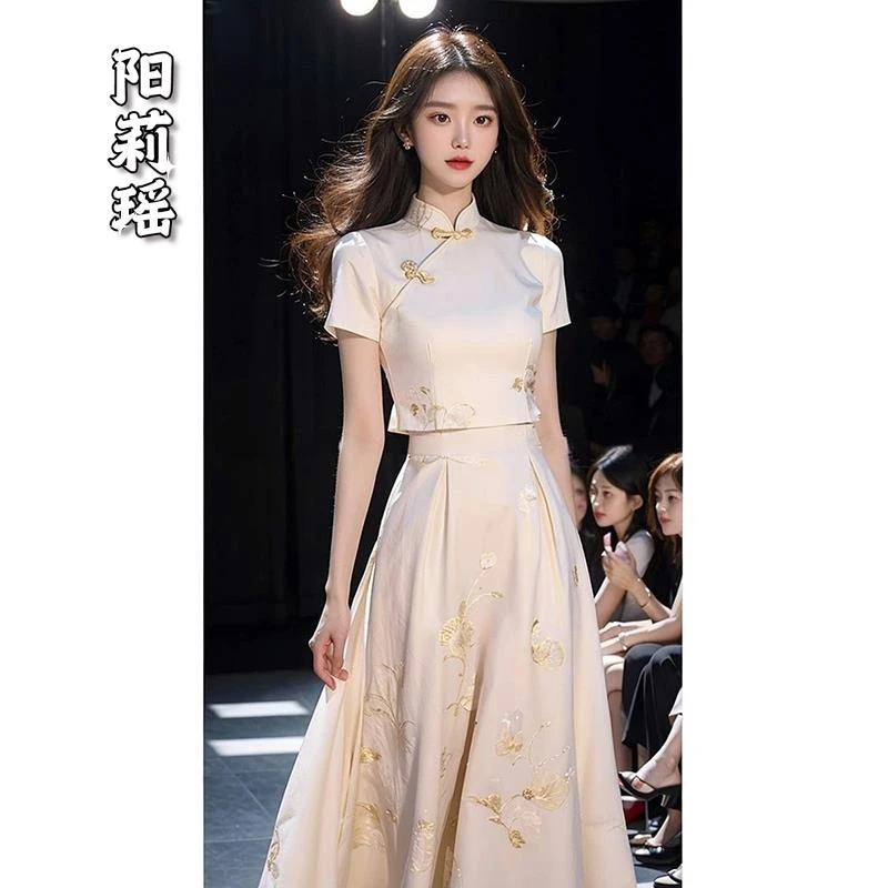 新中式中国风女装2025新款夏季改良旗袍白色宋锦连衣裙子两件套装