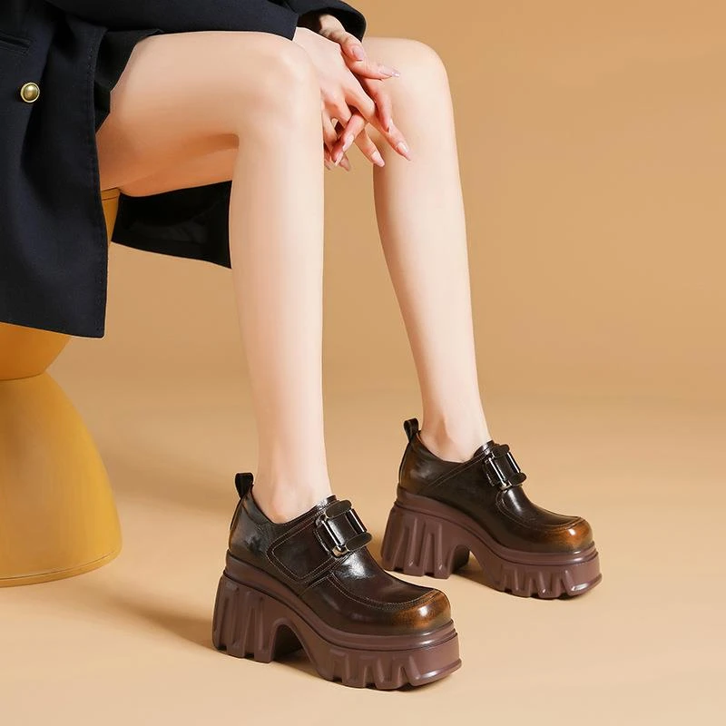 【真皮】10cm小个子增高显瘦小皮鞋春季里外全皮英伦复古风高跟粗