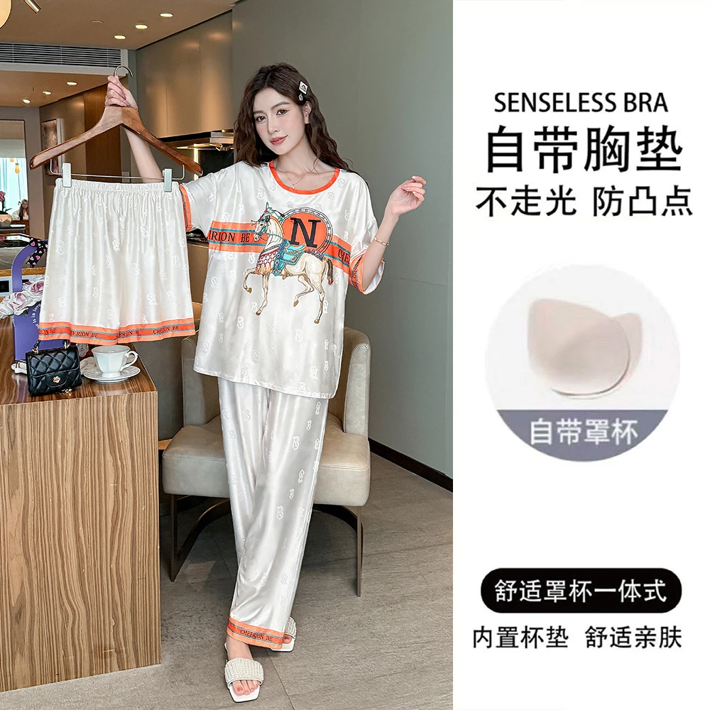 带胸垫夏季提花冰丝睡衣女短袖薄款三件套宽松卡通家居服套装夏天
