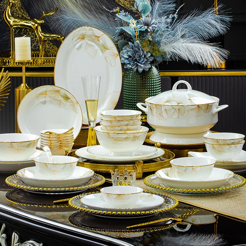 【幸福时光】86件骨瓷景德镇高颜值金边餐具家用送礼碗盘碟简约套装