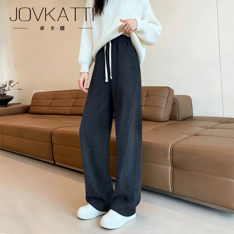 糯米阔腿裤女秋冬裤子毛呢裤加绒冬季弯刀裤2025新款休闲卫裤老人