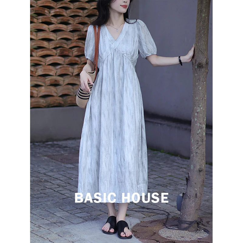 Basic House/百家好CSM法式轻熟风V领显瘦女装连衣裙夏季优雅长裙