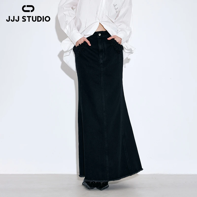 JJJ STUDIO黑色手工立体花装饰高腰酷感鱼尾牛仔半身裙JUWWS1Q042