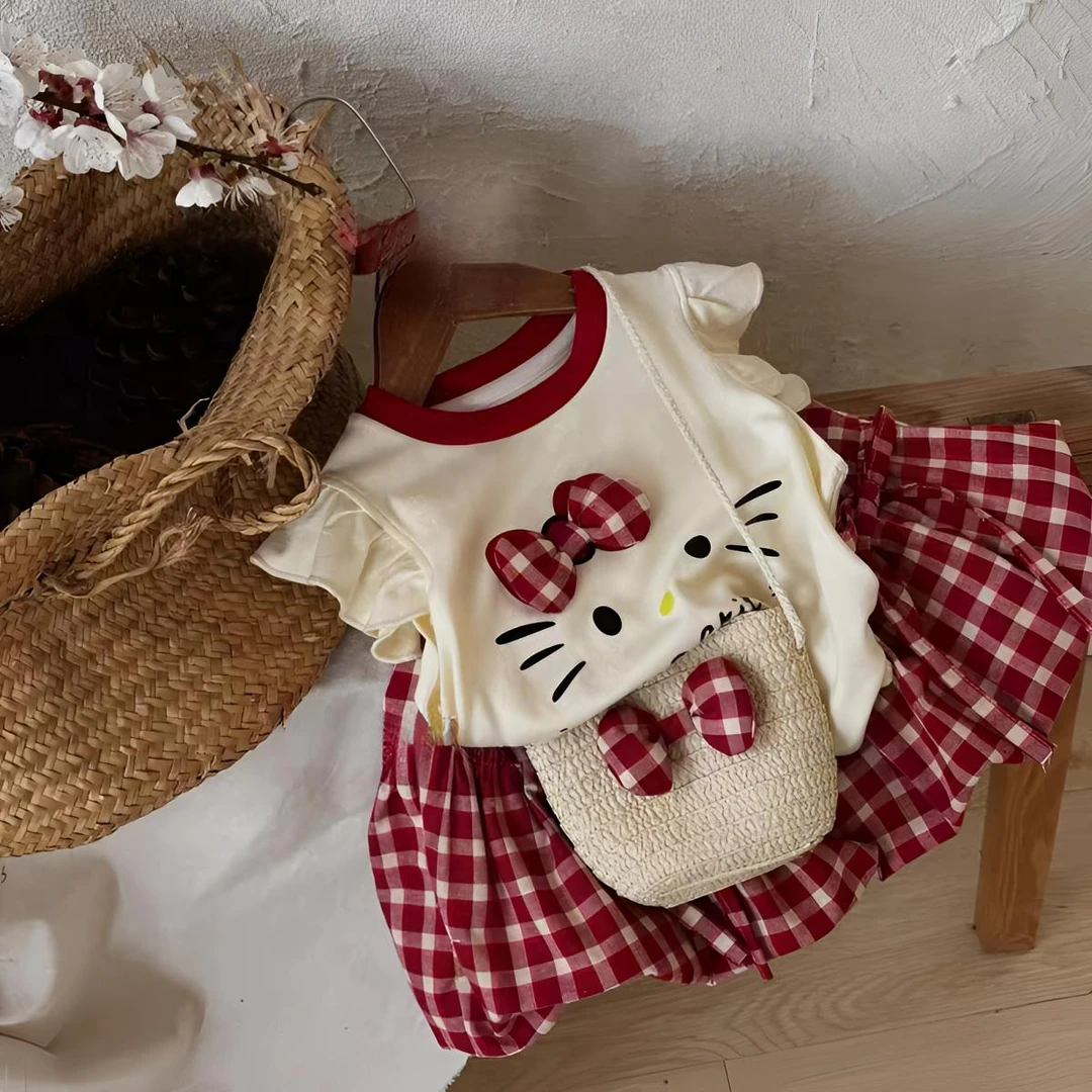 女童短袖夏装2025新款小女孩百搭格子花苞裙儿童洋气百褶裙套装