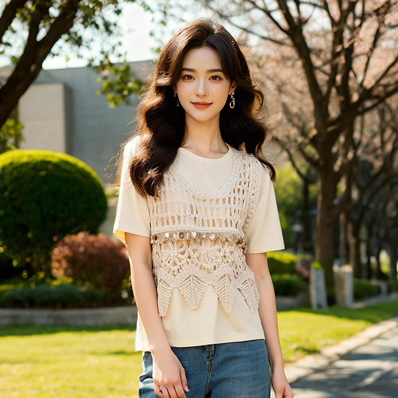 奢姿大码女装2025夏季减龄镂空设计时尚两件套胖妹妹休闲圆领套装