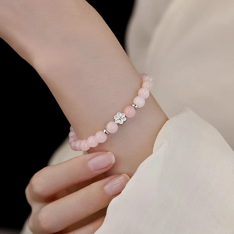 925银手链 纯银粉色水晶花朵手串手链女精致手环2025年新款手饰