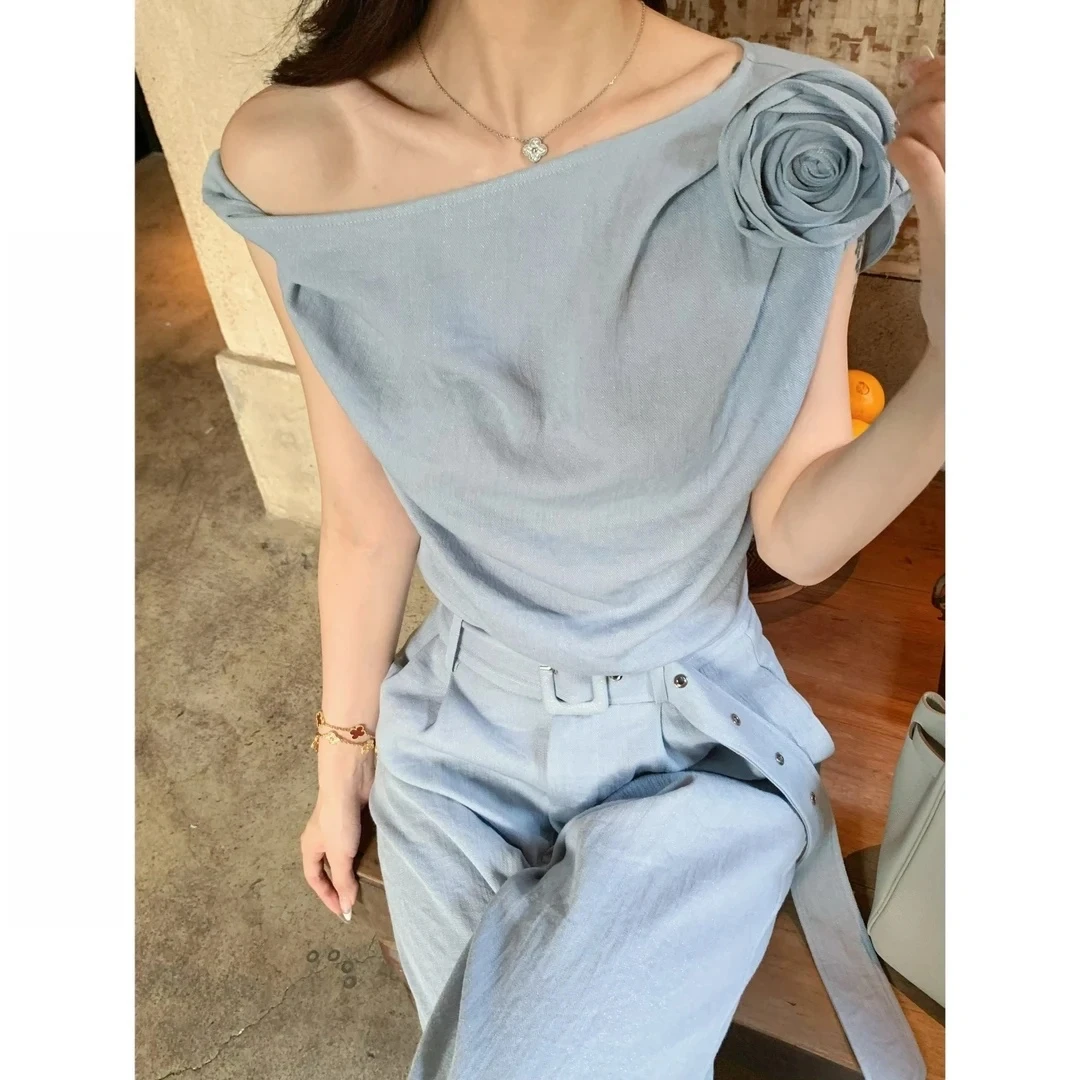 【云烟岚】摩登剪裁 烫银亚麻质斜肩设计感上衣阔腿裤套装BB50110